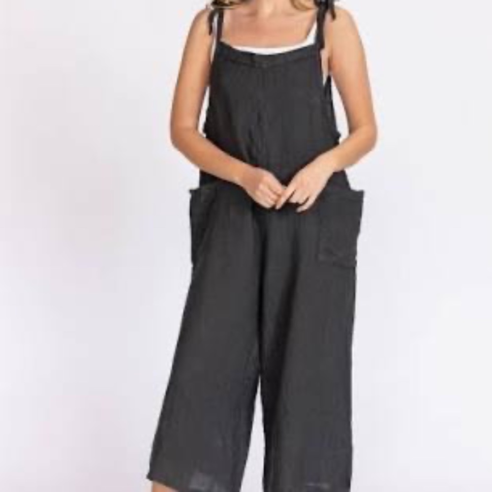 Meo‎ Meli Black Distressed Linen Shoulder Tie Cropped Wide Leg Jumpsuit  Sz S
